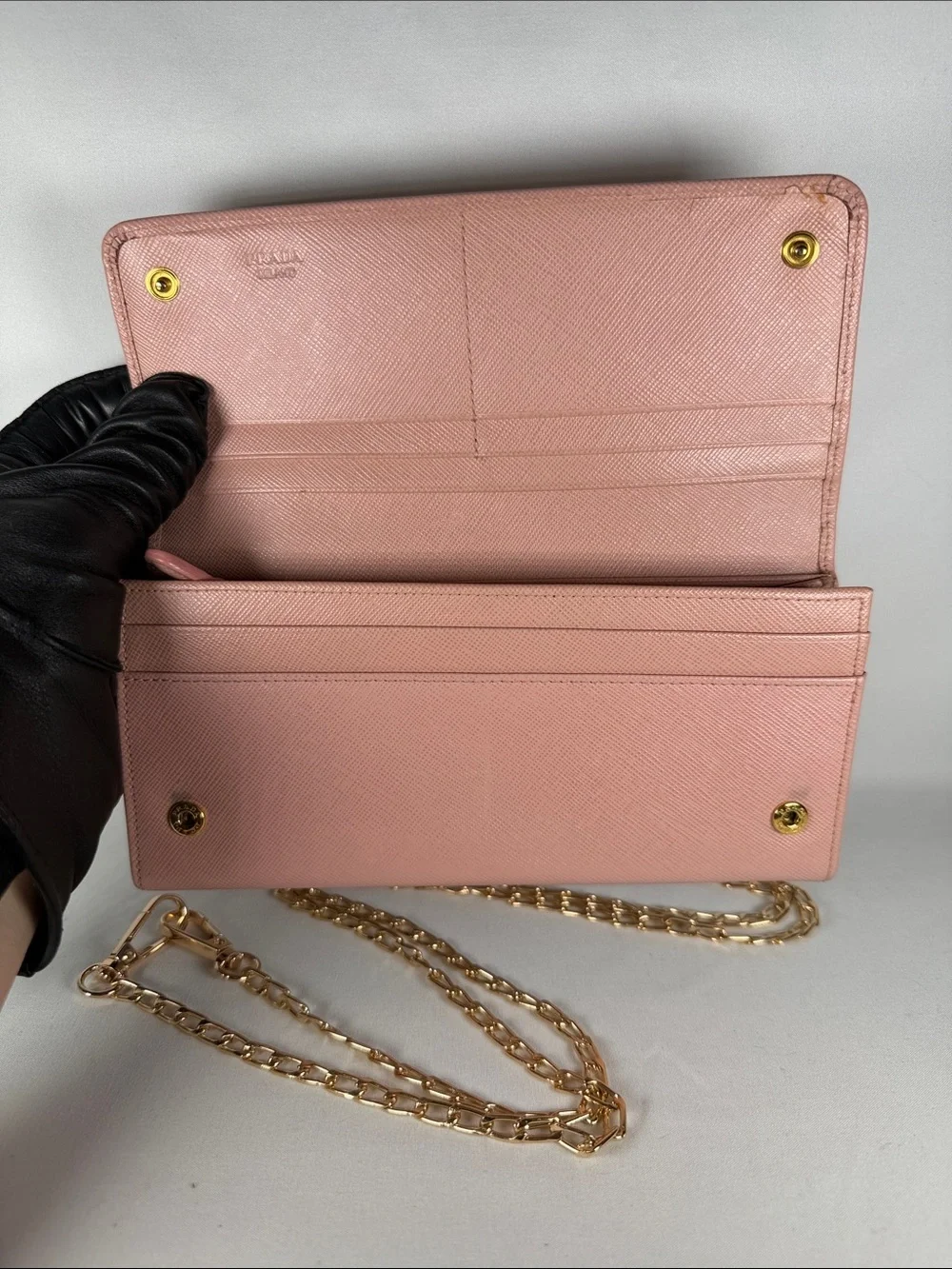 Authentic Prada Pink Bow-Detail Wallet with chain